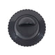 Black plastic wheel with tread pattern on a white background