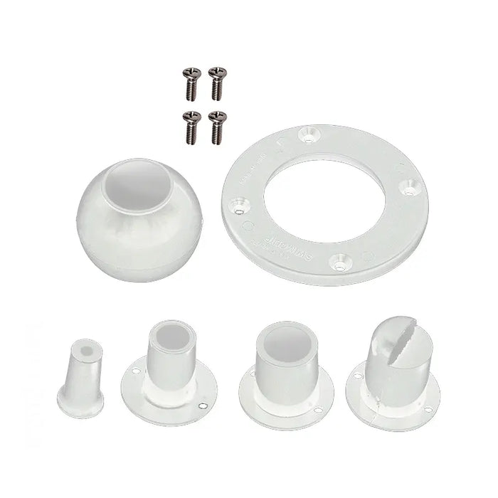 Set of white plastic plumbing components including a ball, flange, and various connectors on a white background.