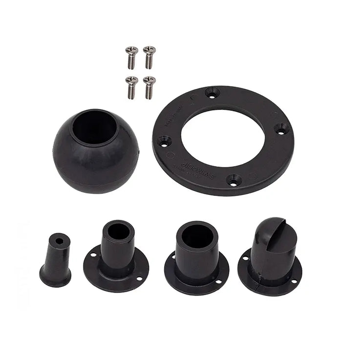 Set of black mechanical components including balls and circular parts on a white background