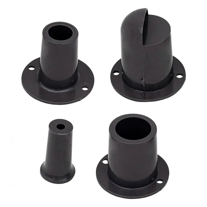 Four black cylindrical metal components on a white background