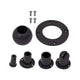 Set of black mechanical components including balls and circular parts on a white background