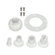 Set of white plastic plumbing components including a ball, flange, and various connectors on a white background.