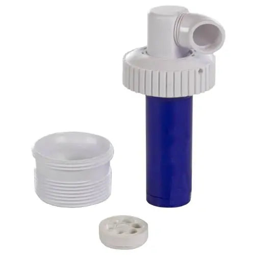 Plumbing components including a blue cylindrical valve and white threaded fitting on a white background