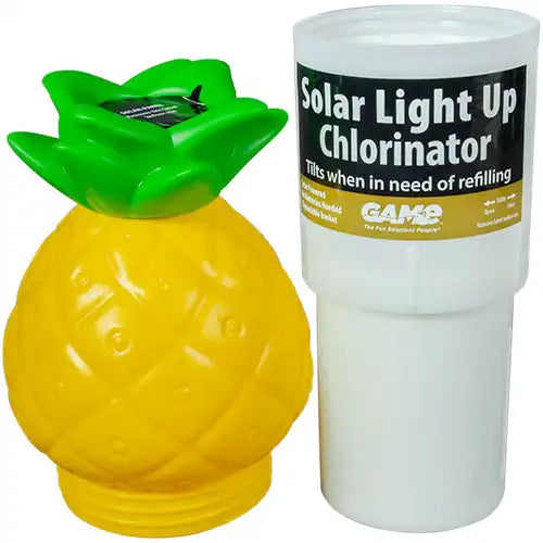 Solar light-up chlorinator shaped like a pineapple and a cylindrical chlorinator with 'GAM' branding.