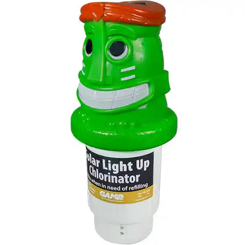 Green and white chlorinator with a face-like design on a white background