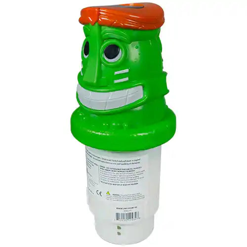Green and white container with a face-like design on a white background