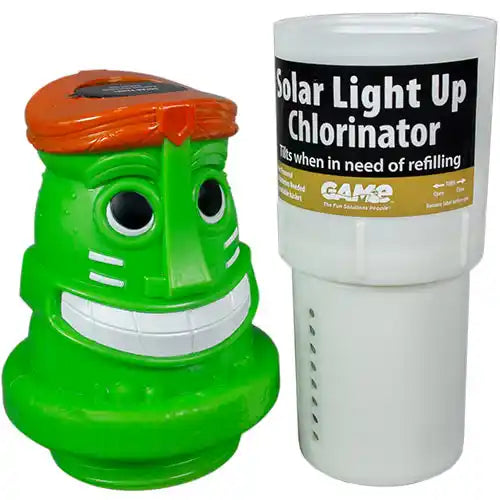 Green chlorinator with orange top and white container labeled 'Solar Light Up Chlorinator' on a white background