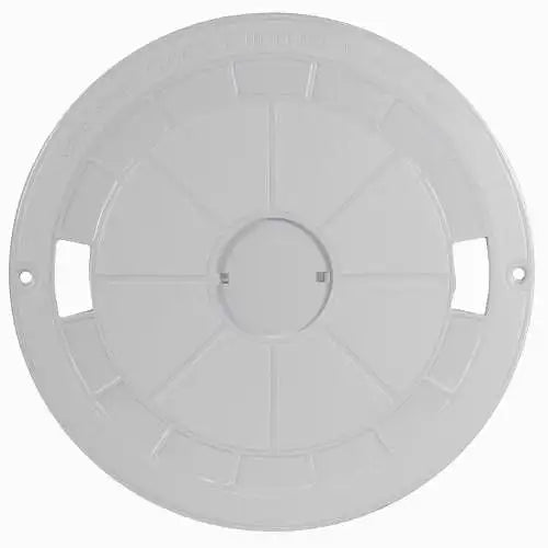 Round white plastic cover with cutouts on a white background