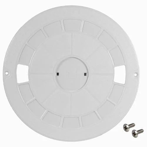 White circular plastic cover with mounting screws on a white background