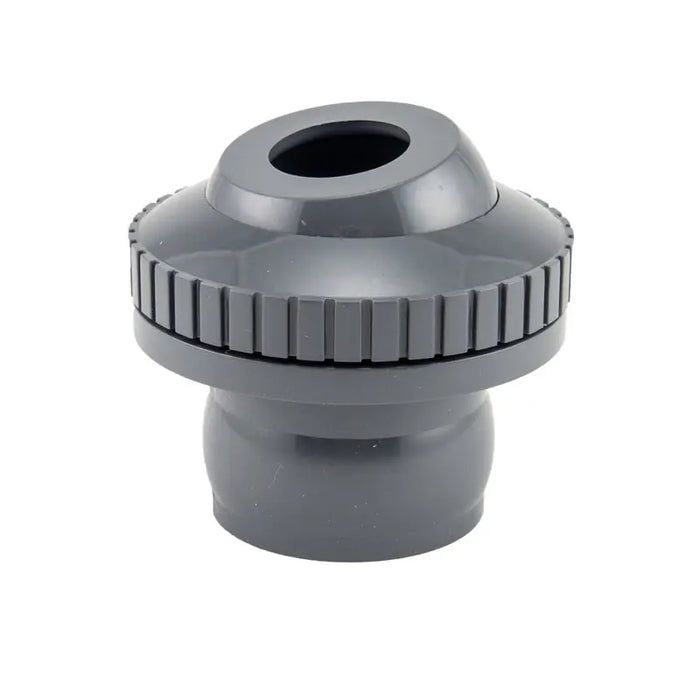 Gray plastic component with threaded design on a white background