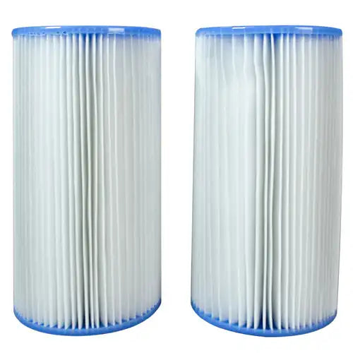 Two cylindrical filter cartridges with blue ends on a white background
