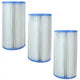 Three cylindrical filter cartridges with blue rims on a white background
