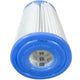 Blue and white filter cartridge on a white background