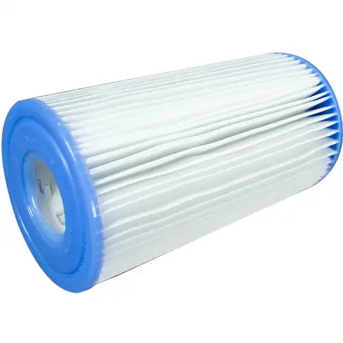 Cylindrical filter with blue rim on a white background