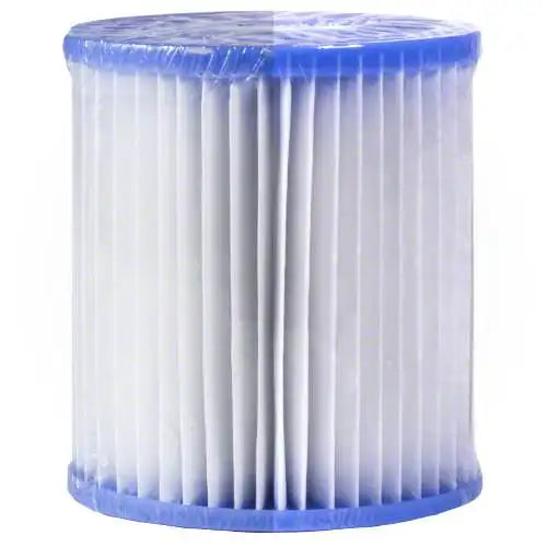 Cylindrical filter cartridge with blue top and bottom on a white background