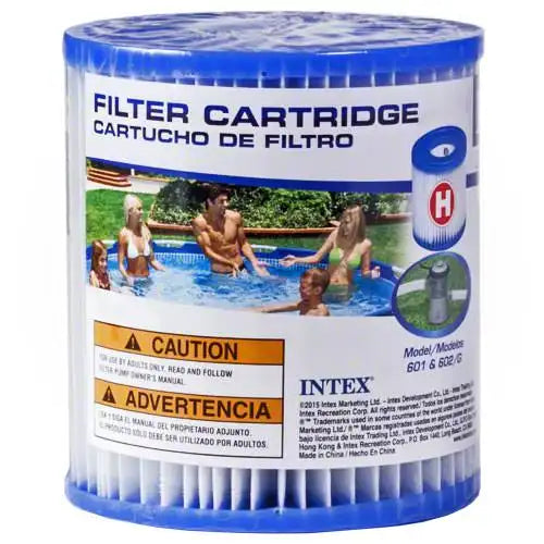 Intex pool filter cartridge packaging with people in a pool on the label.