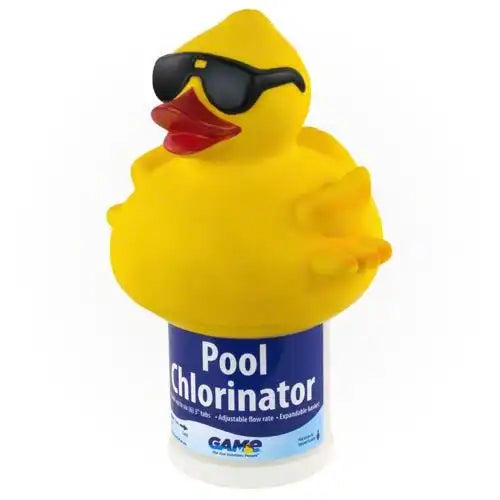 Yellow rubber duck pool chlorinator with sunglasses on a white background