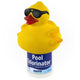 Yellow rubber duck pool chlorinator with sunglasses on a white background