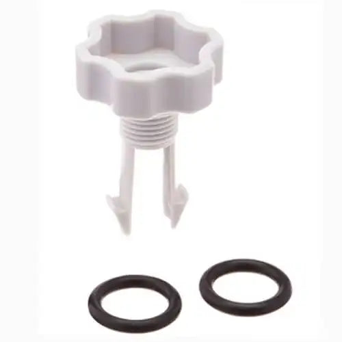 White plastic component with two black rubber washers on a white background