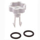 White plastic component with two black rubber washers on a white background