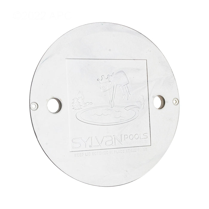 Round white cover with embossed logo and text on a white background