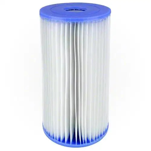 Filter cartridge with blue top and bottom on a white background