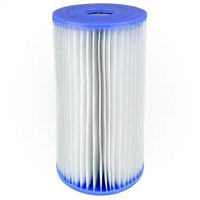 Filter cartridge with blue top and bottom on a white background