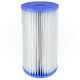 Filter cartridge with blue top and bottom on a white background