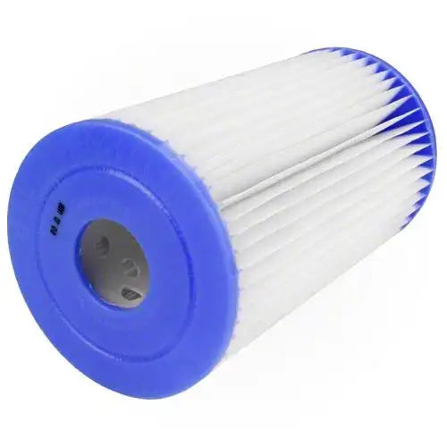 Filter cartridge with blue and white design on a white background