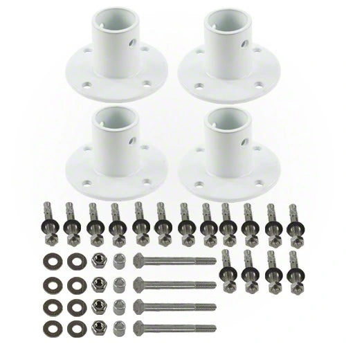 Set of white metal brackets and screws on a white background