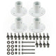 Set of white metal brackets and screws on a white background