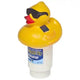 Yellow rubber duck with sunglasses and a solar panel on a white background