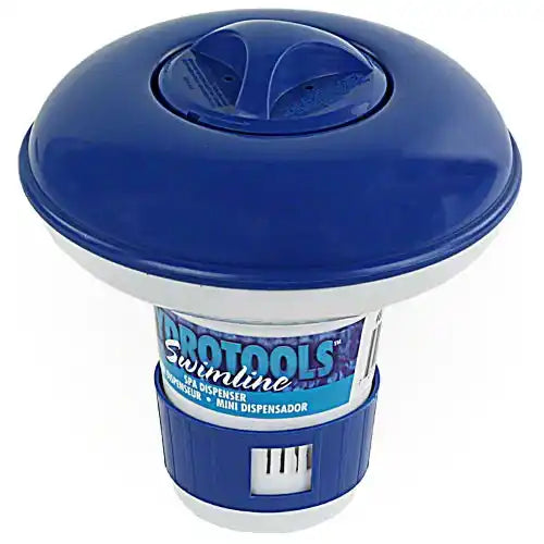 Blue and white pool dispenser with 'Swimline' branding on a white background