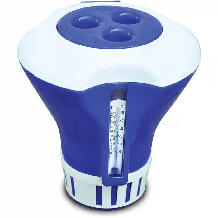 Blue and white pool thermometer on a white background