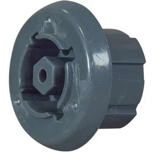 Gray plastic pulley wheel on a white background