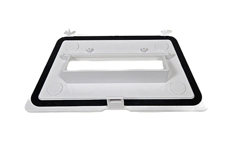 White plastic component with black border on a white background