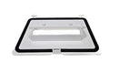 White plastic component with black border on a white background