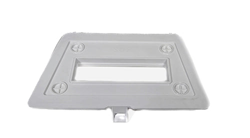 Metallic rectangular component with screws on a white background