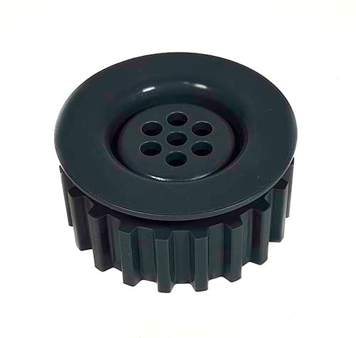 Black plastic gear with central circular opening on a white background