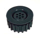 Black plastic gear with central circular opening on a white background