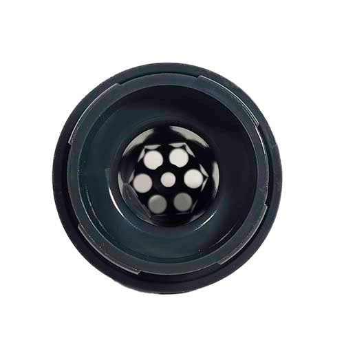 Black plastic component with white circular patterns on a white background