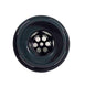 Black plastic component with white circular patterns on a white background