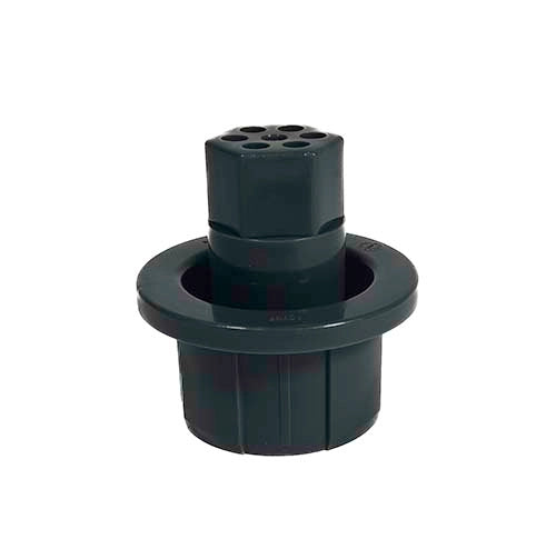 Black plastic fitting with multiple holes on a white background