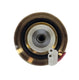Close-up of a mechanical component with brass and black parts on a white background