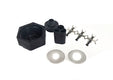 Set of mechanical components including a hexagonal block, cylindrical parts, and metal brackets on a white background.
