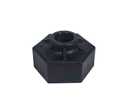 Black plastic hexagonal fitting on a white background