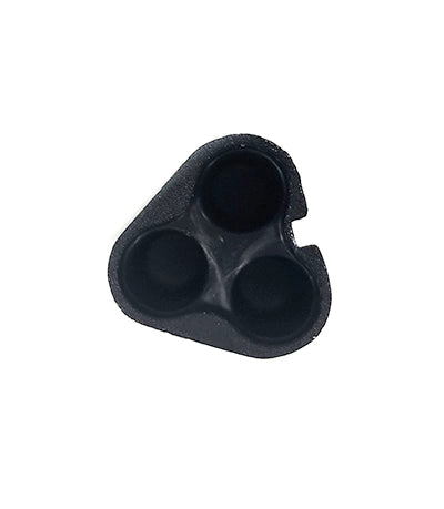 Black rubber grommet with three circular holes on a white background
