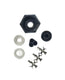 Set of mechanical parts including a hexagonal black component, washers, and metal brackets on a white background