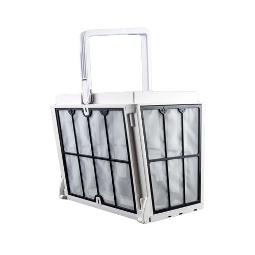 White laundry basket with transparent sides on a white background