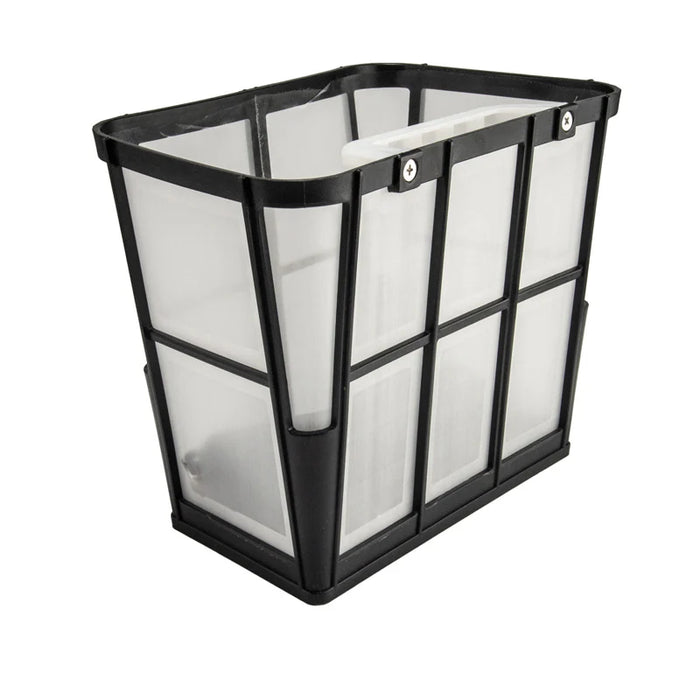 Black metal laundry basket with transparent plastic sides on a white background